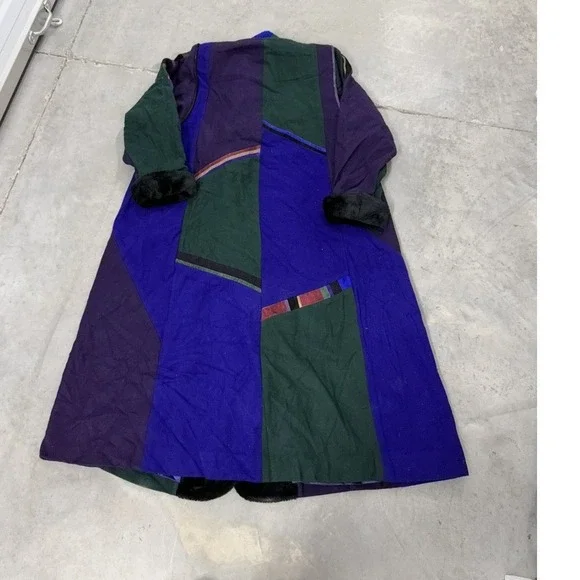 Vintage SFR Santa Fe Re-Creations Patchwork Coat Faux Fur Trim Purple Green Med - Picture 6 of 9